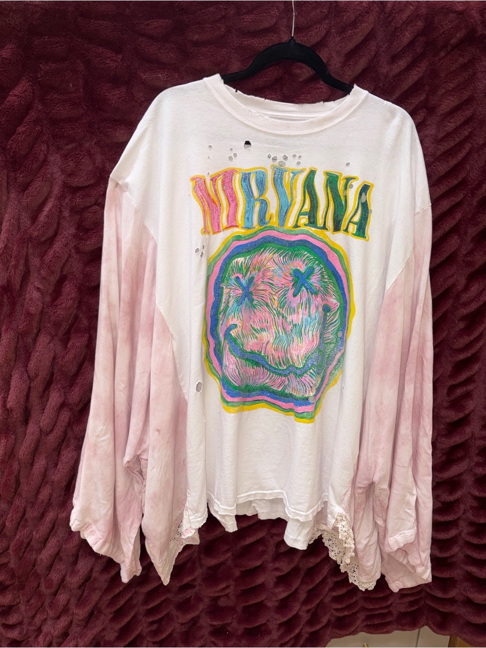 NIRVANA White Long-Sleeve Tee with Pink Dip-Dye Sleeves and Multicolor Graphic